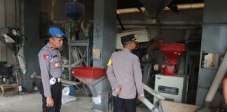 Kapolres Tulang Bawang Barat AKBP Ndaru Istimawan Mengecek Stok Beras Di Pabrik Pengilingan Padi
